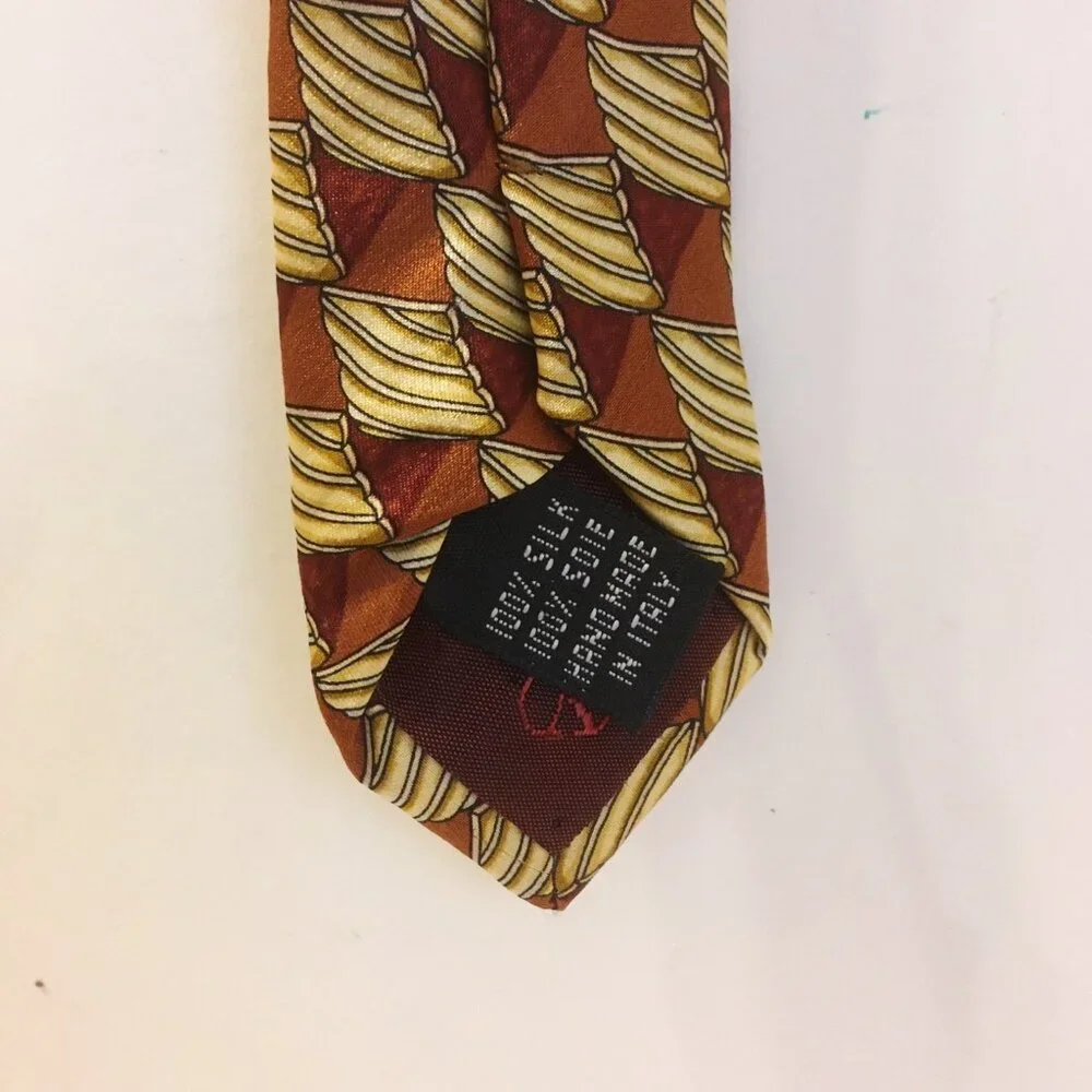 Valentino Cravatte Neck Tie 100% Silk Rust Brown Gold Handmade Geometric Pattern